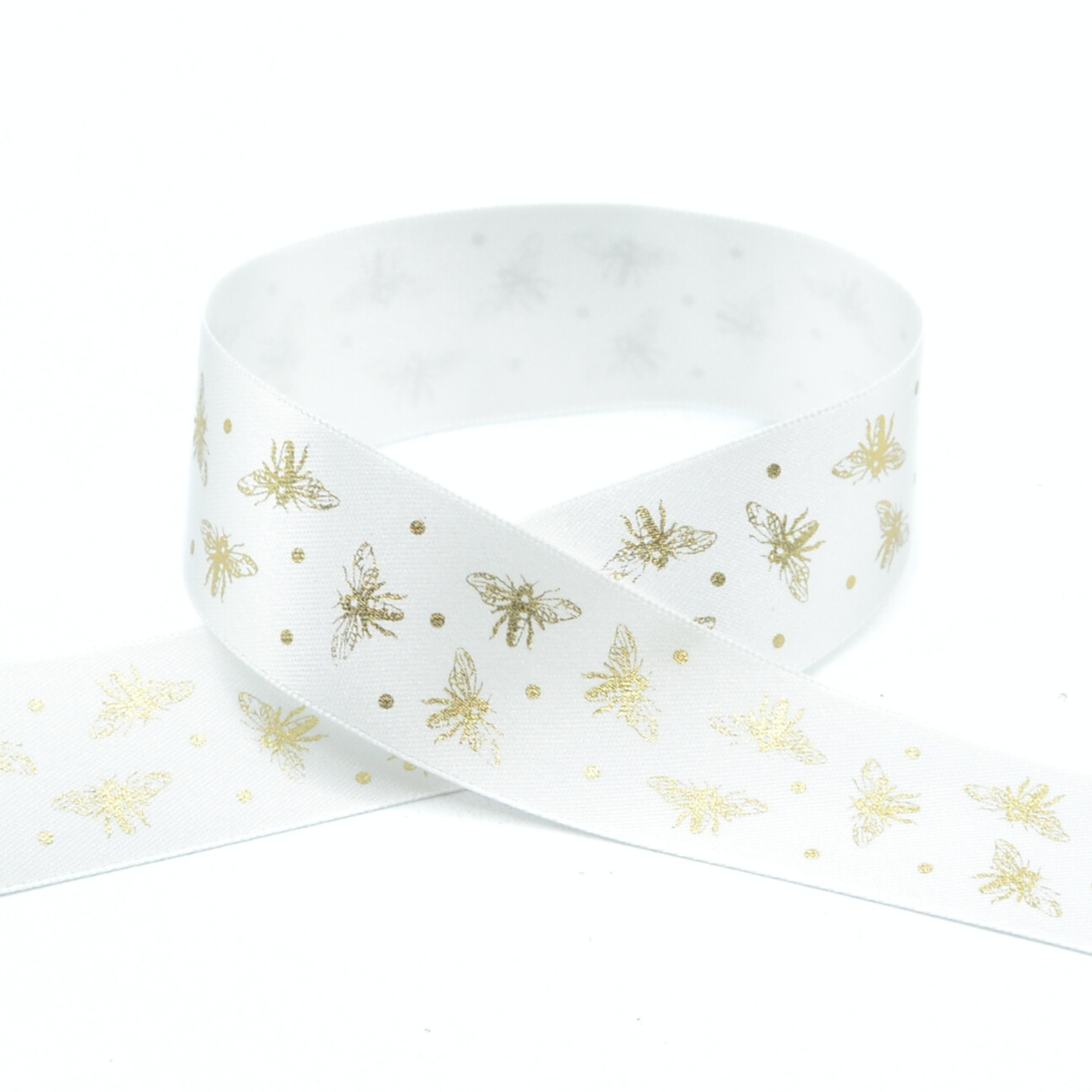 Sample White Sparkle Bee Recycled Satin Ribbon